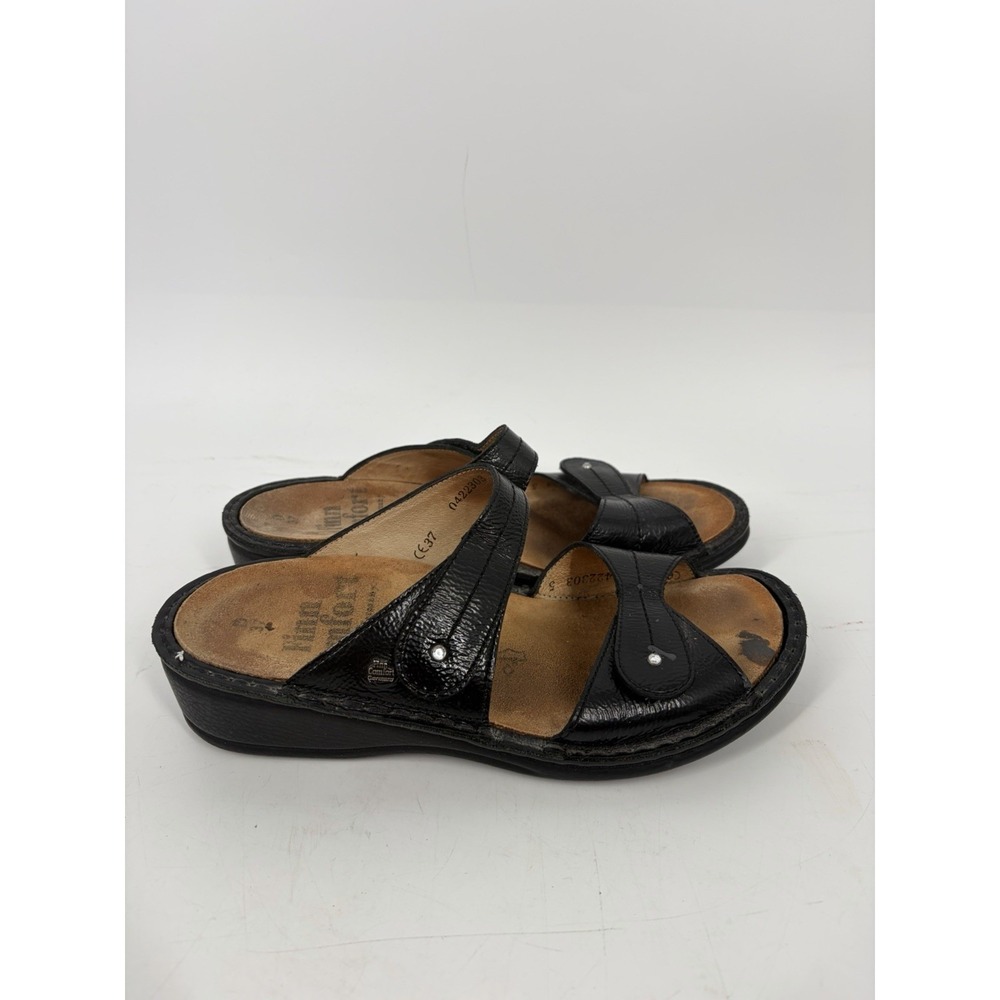 Finn Comfort Sz 37 D/ 6.5 Catalina Black Patent Leather Slides Comfort Sandals
